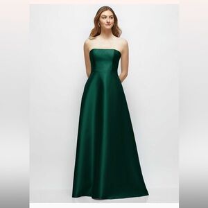 Dessy Group Alfred Sung satin strapless Hunter green bridesmaid dress
